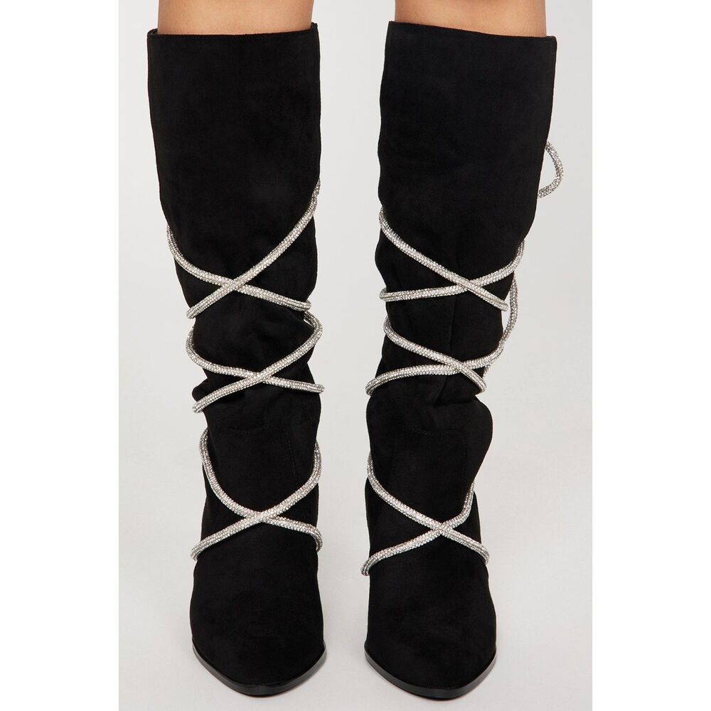 Hold Tight Suede & Bling Tie Rope Knee High Heeled Boots Black Winter SZ 9 & 7.5